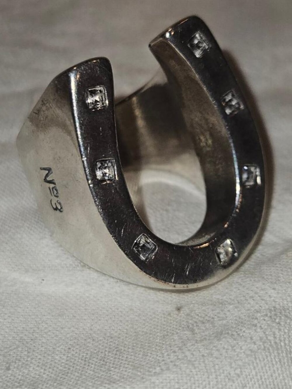 NUMERO 3 BY CICLON Heavy Silver Crystal Horseshoe Ring Size 7 25.3g